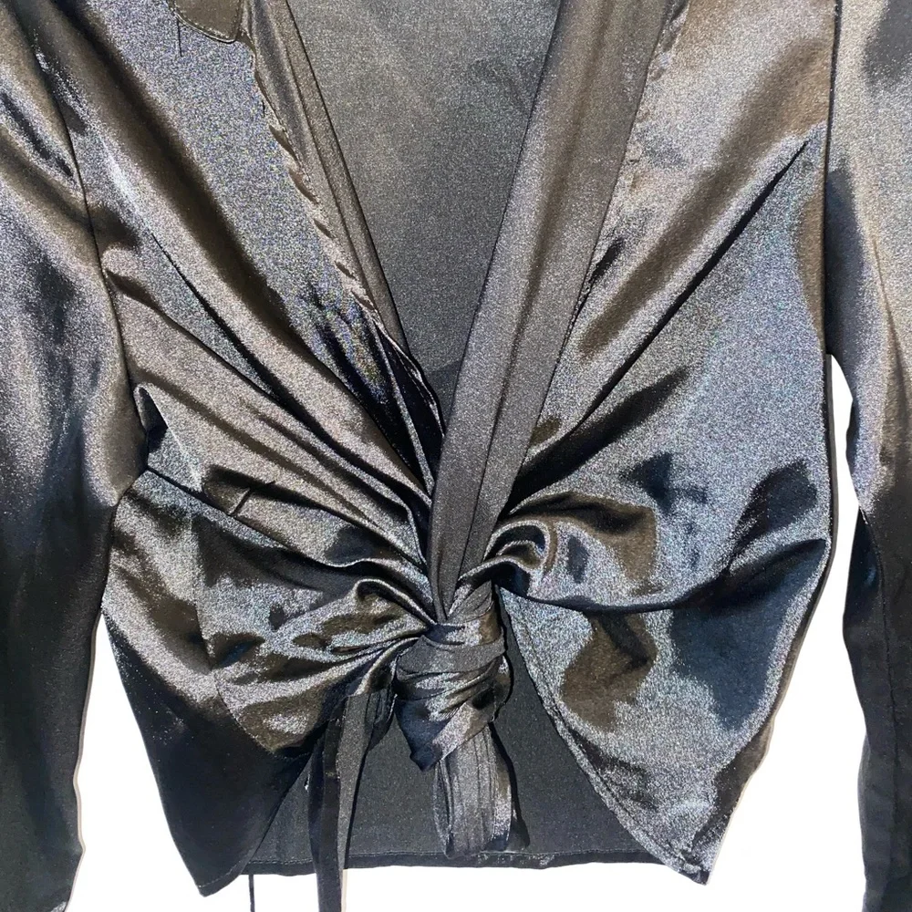 Shein Long Sleeve Self Tie Knot Front Satin Crop Top - Picture 8 of 9